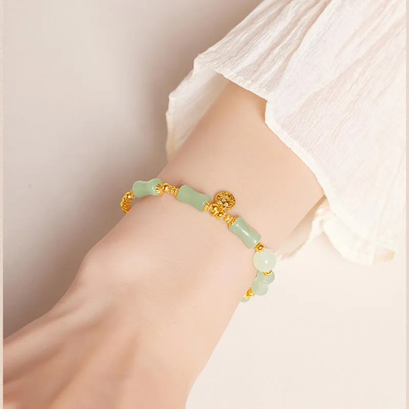 Vintage Jade Bamboo Alloy Leaf Bracelet with Tassel Stretch Charm Lucky Jewelry for Women Girl Luxury HandString