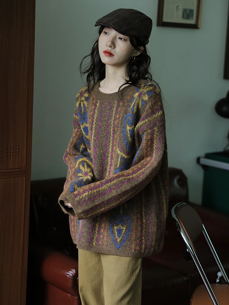 

Loose Long Sve round Ne Pullover Sweater Women's Autumn Winter Faion Coffee Color Hong Kong Sle Retro Lazy Sle