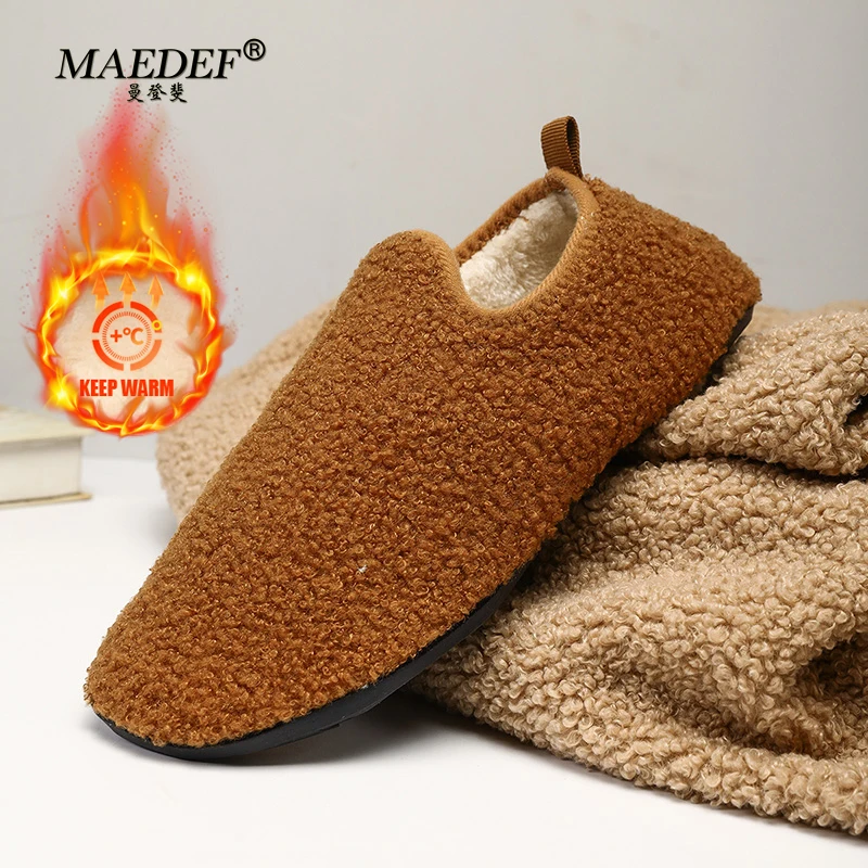 

MAEDEF Fashion Autumn Winter Men Slippers Flat Bottom Non Slip Short Plush Warm Comfortable Solid Color Round Womens Slide Shoes