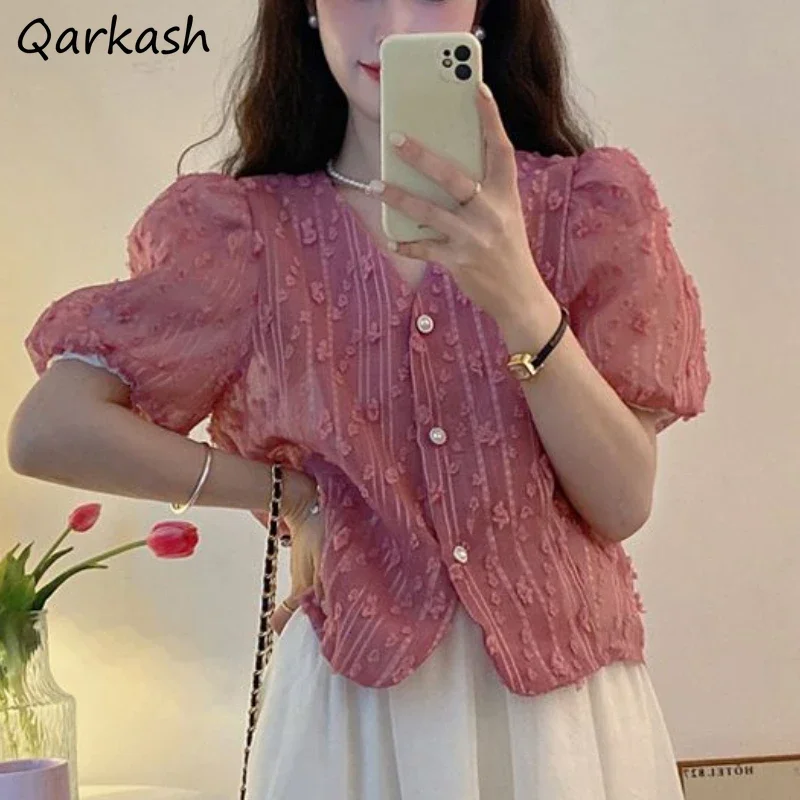 

Kawaii рубашки с пышными рукавами, женские элегантные летние тонкие винтажные женские стильные рубашки, уличная одежда, однотонные универсальные классические эстетичные новые