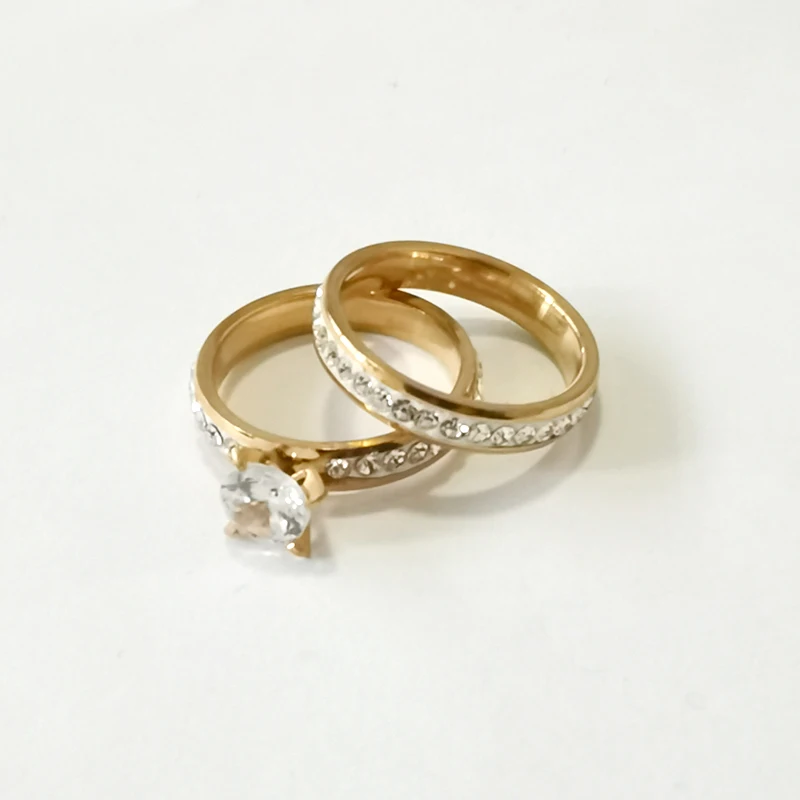 Zircon CZ Gold Color Double Stainless Steel Finger Rings Set for Women Jewelry Wholesale Lots