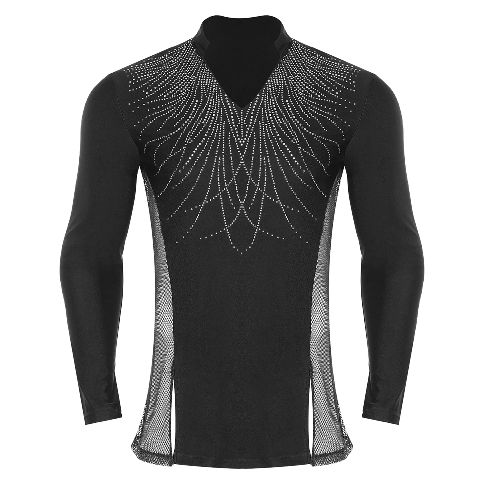 Heren Latin Ballet Dans Top V-hals Lange Mouw Zijkant Mesh Patchwork met Split T-shirt Top Danskleding voor Chacha Tango Ballroom