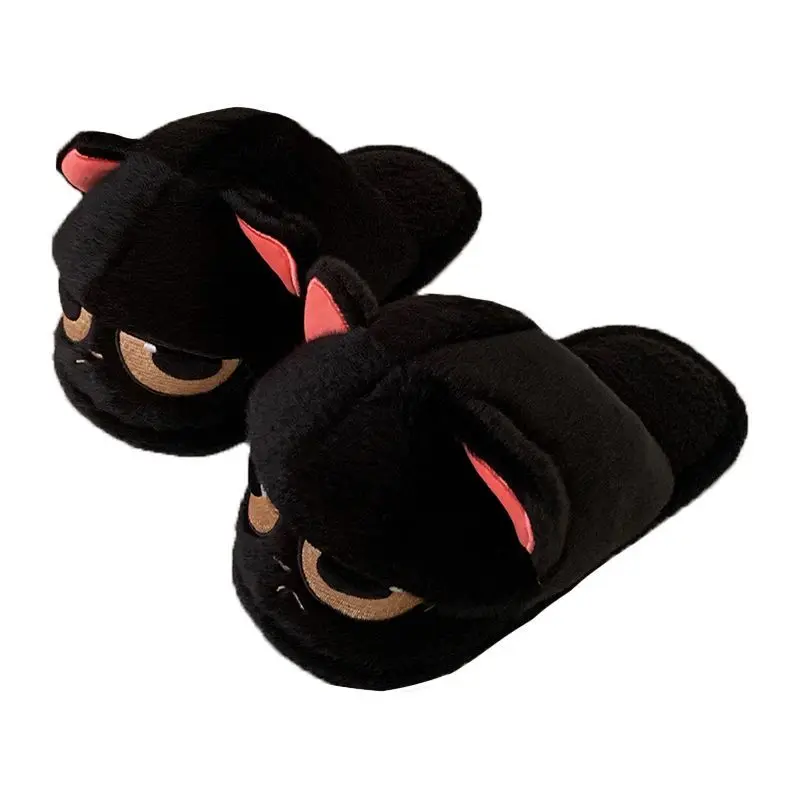 New big eyes angry kitty slippers woman indoor fuzzy shoes women\'s winter warm cat slippers floor shoes fur slides house shoes