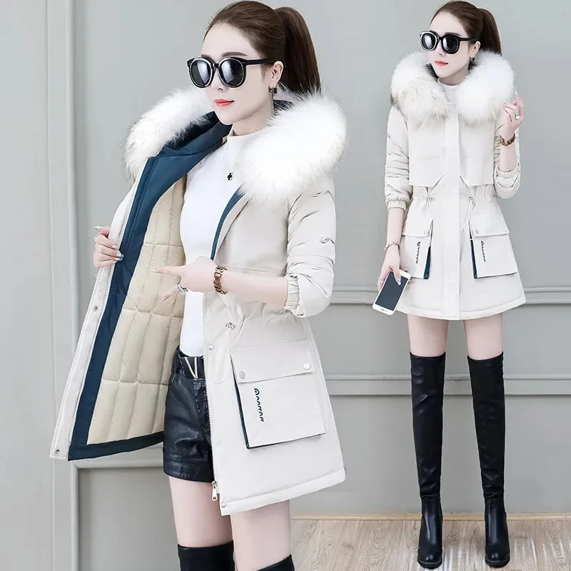 2024 New Fashion White black Winter Jacket Women Big Fur Hooded Thick Down Parkas Female Jacket Long Coat Slim Warm Winter Outwe