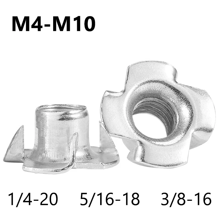 304 Stainless Steel Four Prong T Nuts M4 M5 M6 M8 M10 1/4-20 5/16-18 3/8-16 Tee Nuts for DIY Furniture Woodworking Fasteners