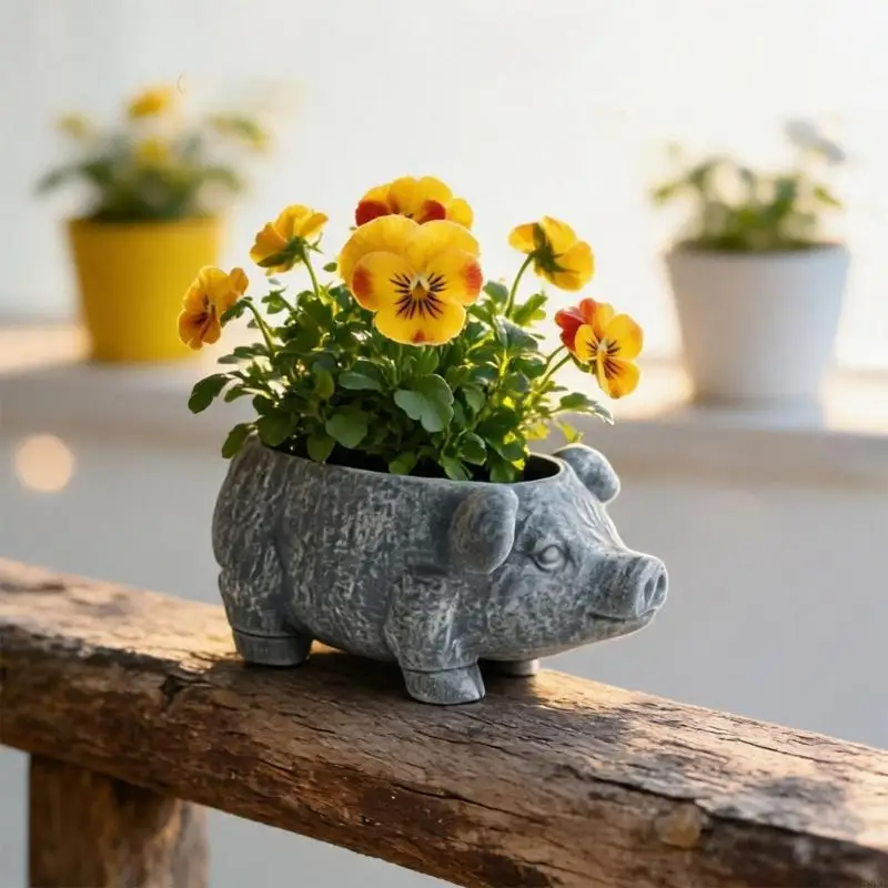 Pig Shaped Resin Planter With Stone Texture For Succulents And Small Plant 55KF