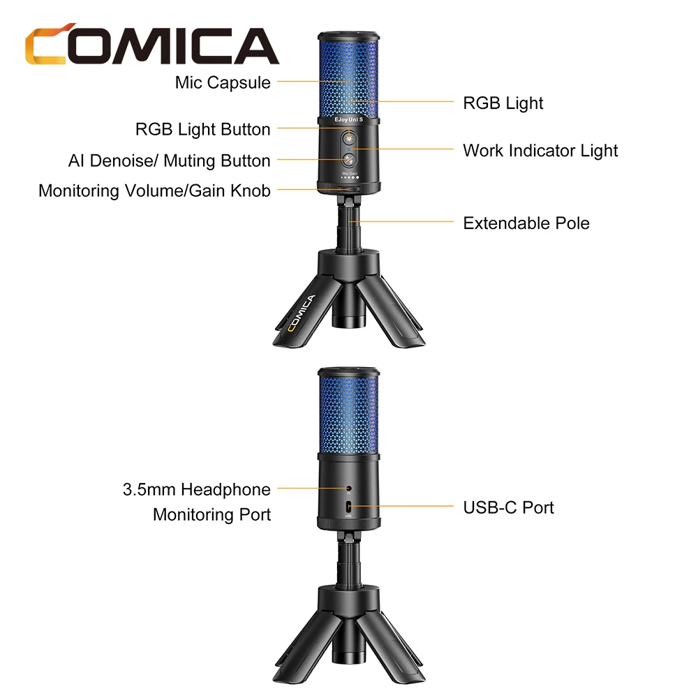 ميكروفون ألعاب COMICA Ejoy UNI S RGB مع حامل ثلاثي القوائم، وإلغاء الضوضاء للبث والتسجيل #4