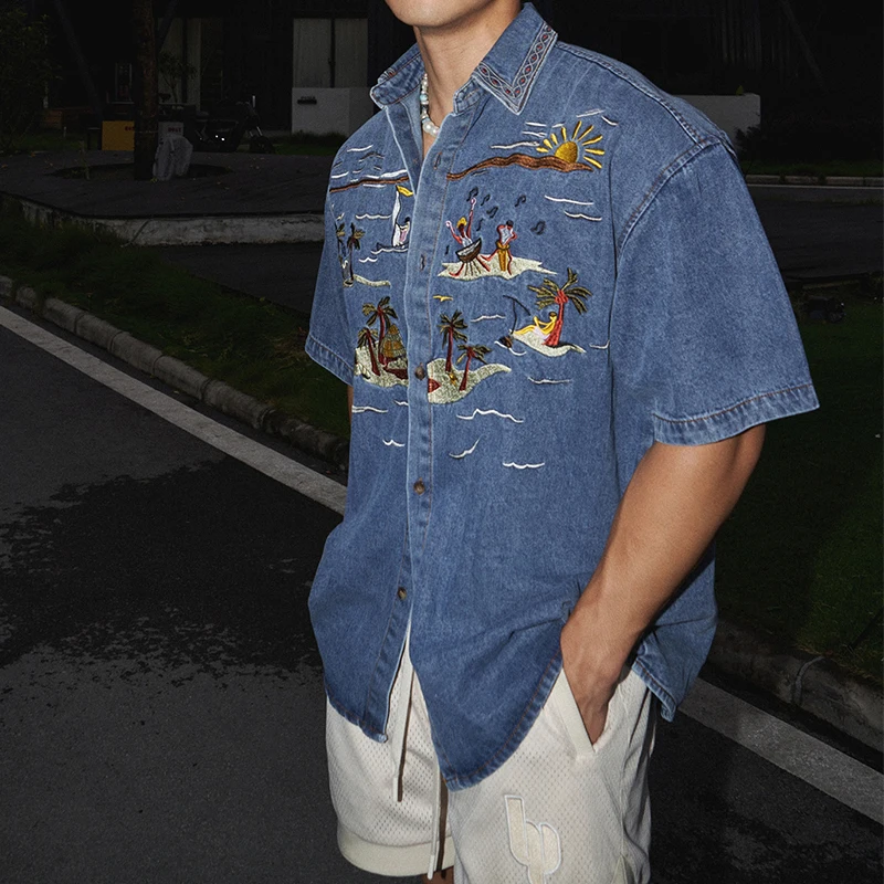 Casual Short Sleeve Denim Shirts For Mens Spring Summer Stylish Embroidery Denim Tops Men Vintage Button Turn-down Collar Shirt