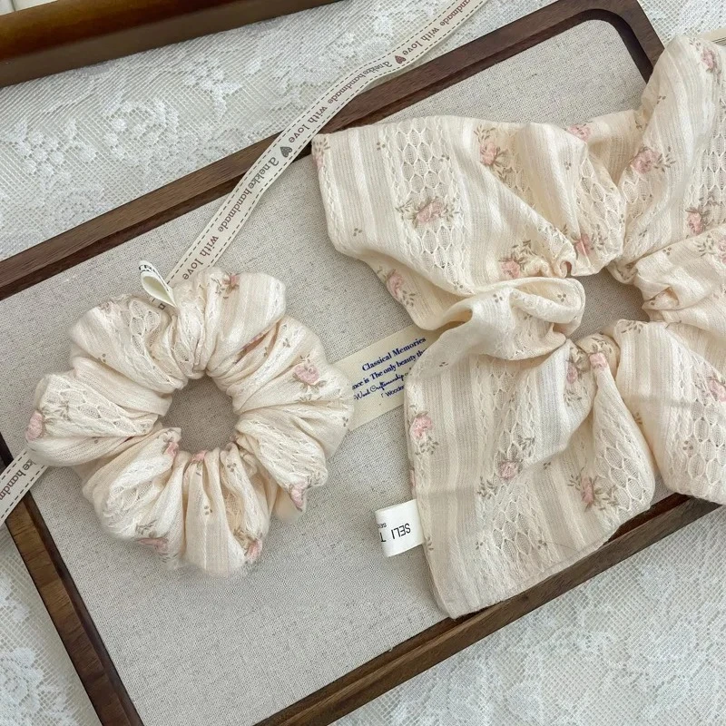 

French Romantic Handmade Large Intestine Hair Rope Striped Hollow Design Hair Ties Elegant Rose Floral Hair Accessories Women