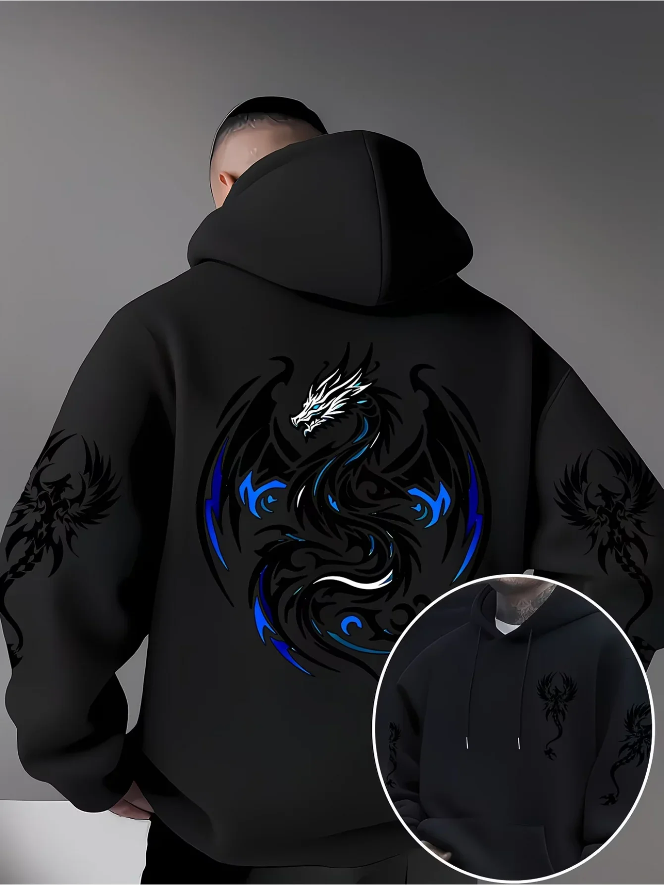 Men’s Dragon Totem Hoodie, Back and Sleeve Graphic Print, Autumn Winter Fleece Lined Loose Streetwear Pullover Sweatshirt