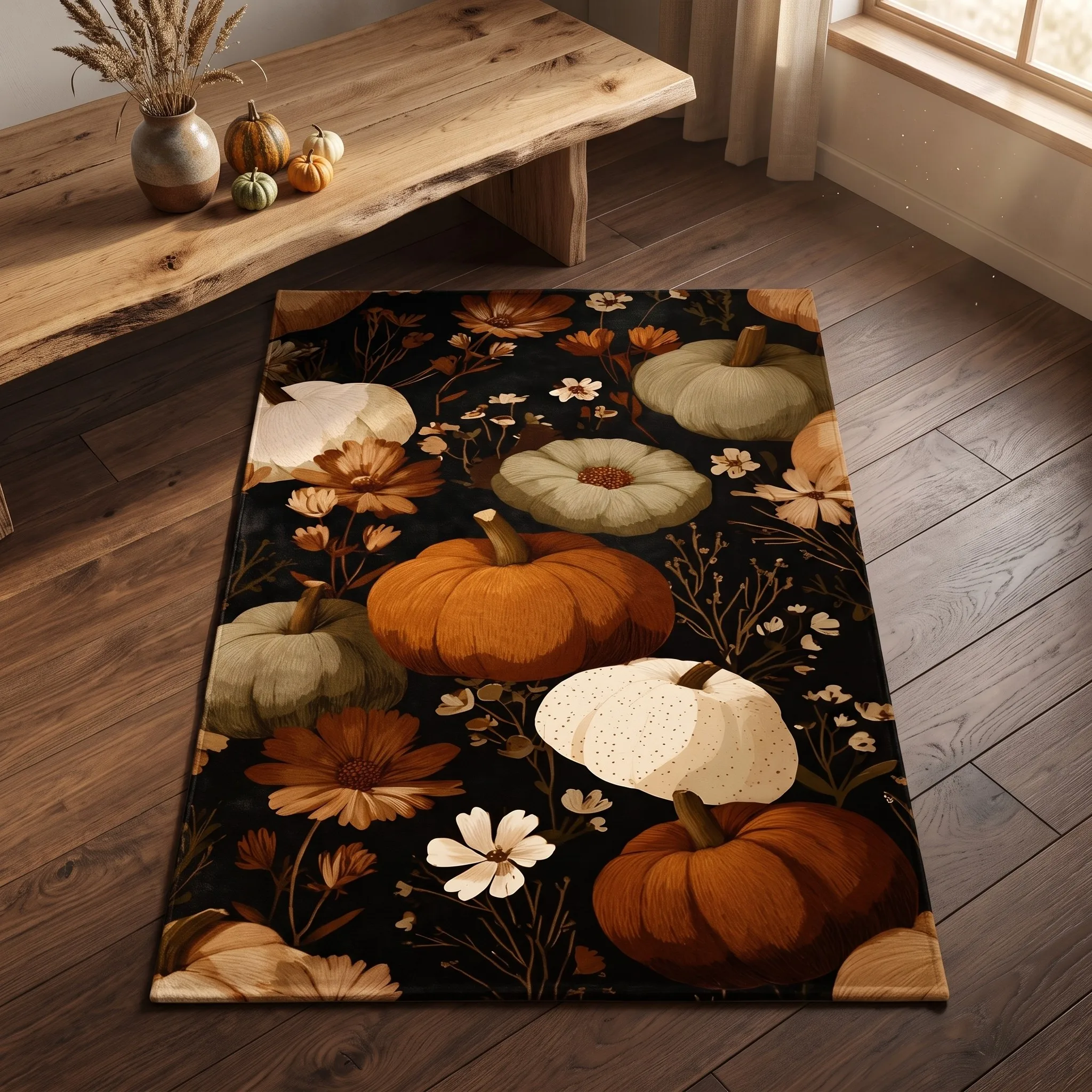 Retro Pumpkin and Floral Print American Retro Velvet Rug, Suitable for Halloween and Thanksgiving, Universally Applicable to Entryways, Living Rooms, and Bedrooms, Creating a Warm and Soothing Autumn Home Atmosphere