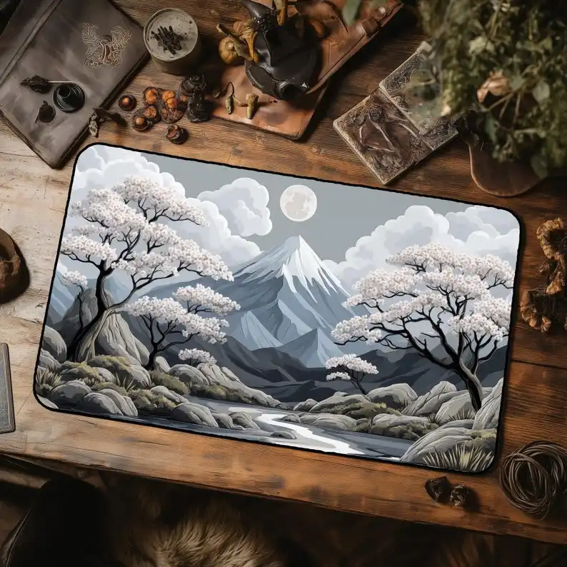 Cute Mt Fuji Inspired Sakura Mouse Pad Moonlit Mountain Blossom Desk Pad gaming keyboard mat Custom Play Mat for Gamer Playmat