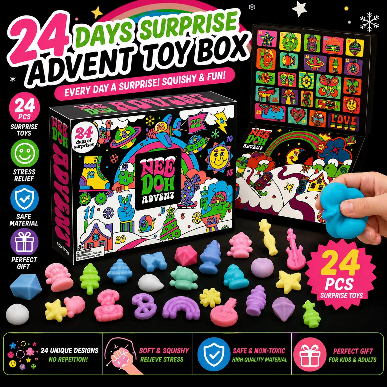 Nee Doh Christmas Countdown Advent Calendar 3D PVC Fidget Doll Surprise Box,Stress Relief Holiday Gift Toy