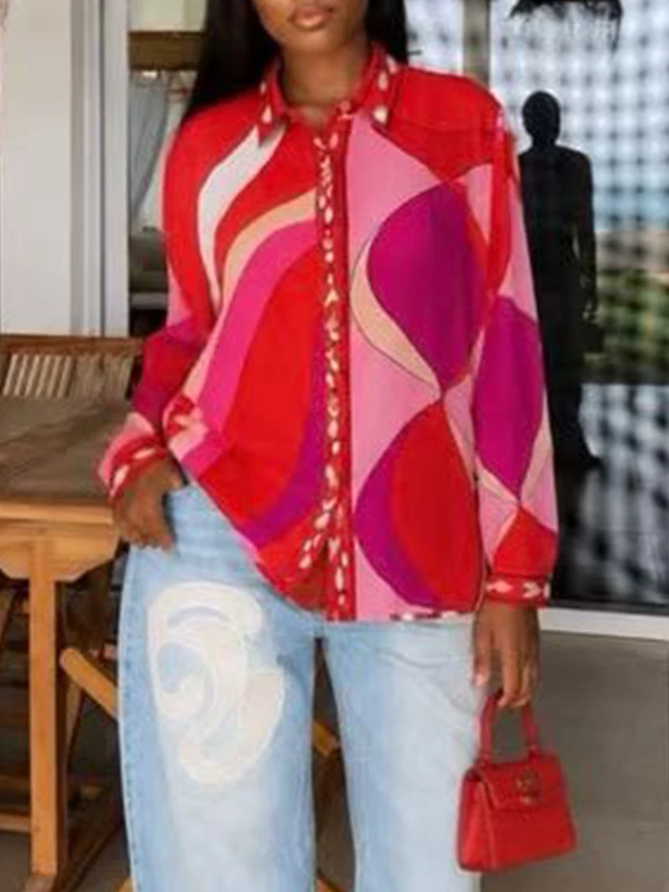 Designer Retro Geometric Print Lapel Straight Long Sleeve Shirt 2026 Fall Women's Fashion Versatile Loose Plus Size Blouse Top