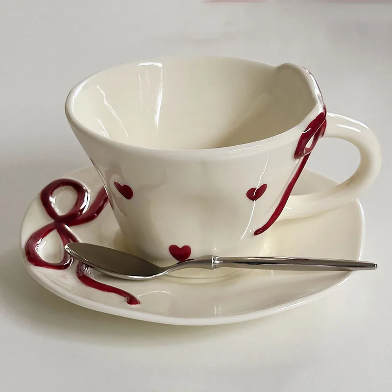 Creative Love Heart Shaped Relief Hand Painted Ceramic Coffee Cup Dish Set Underglaze Color Craftsmanship 250ml Retro Water Cups