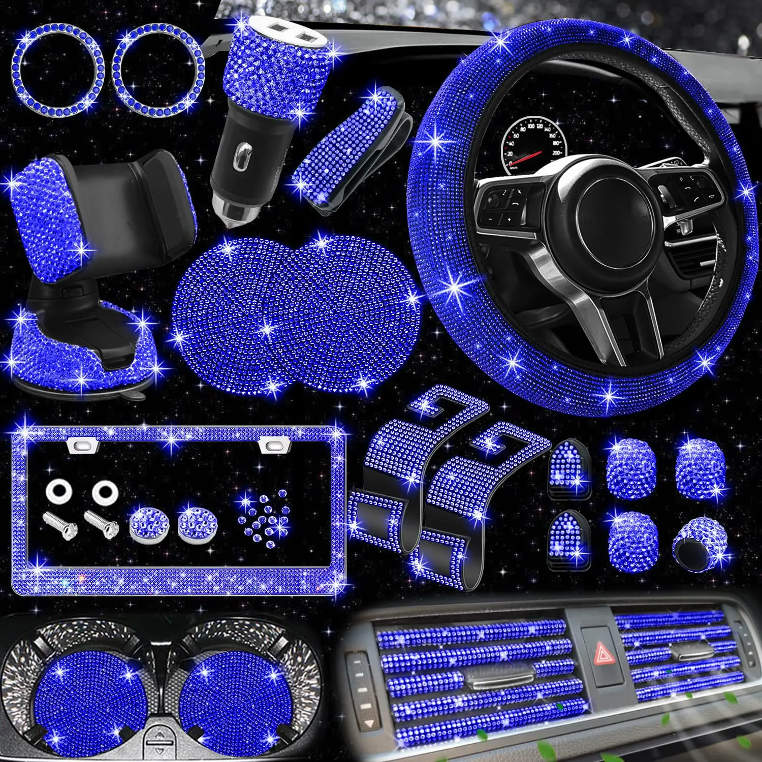 

Diamond Car Set - Non-Slip Steering Cover & US License Plate Frame with Rhinestones