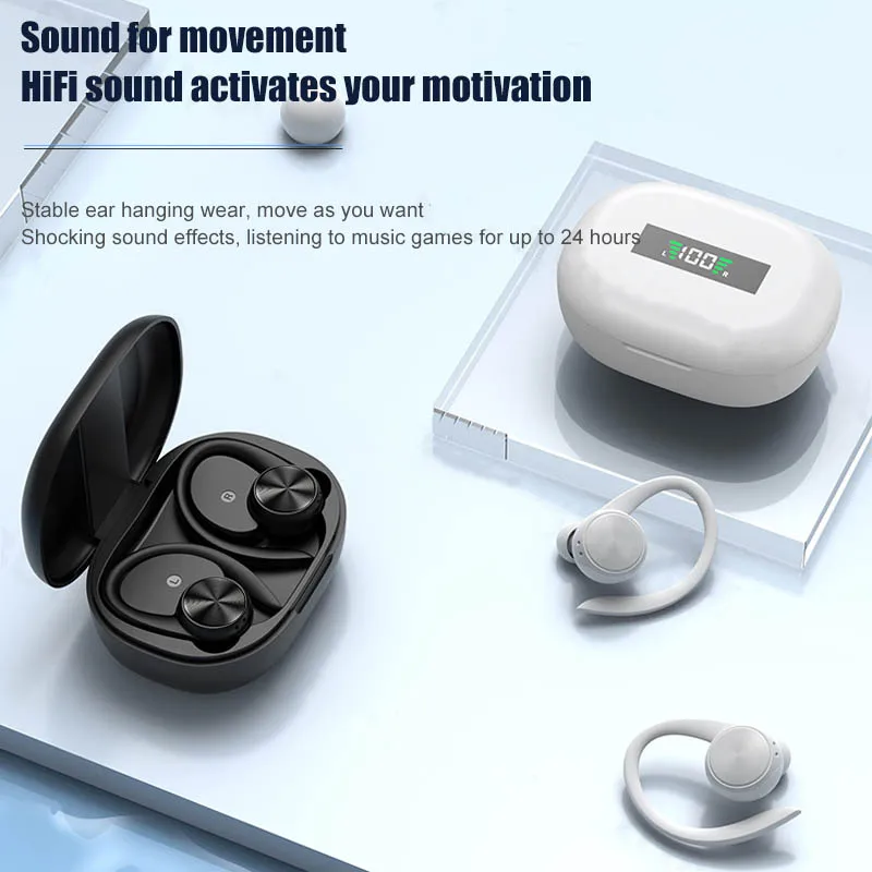 VAORLO TWS Sports Buetooth auricolare HiFi Stereo Music cuffie Wireless auricolari con gancio per l'orecchio con microfono cuffie da gioco impermeabili