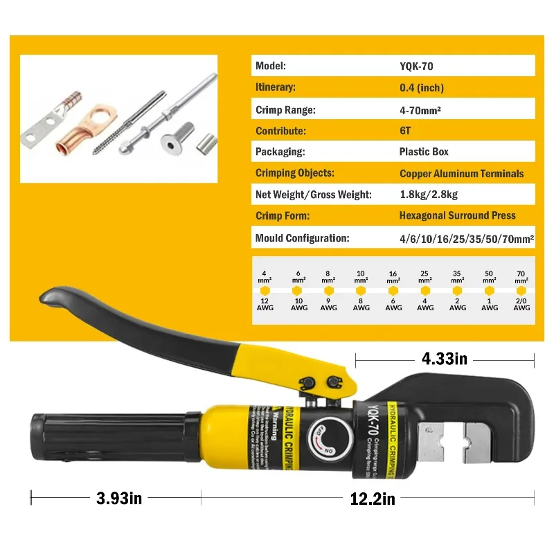 手動油圧圧着ペンチ YQK-70 ポータブル油圧工具 油圧式圧着機 ケーブル端子圧着機