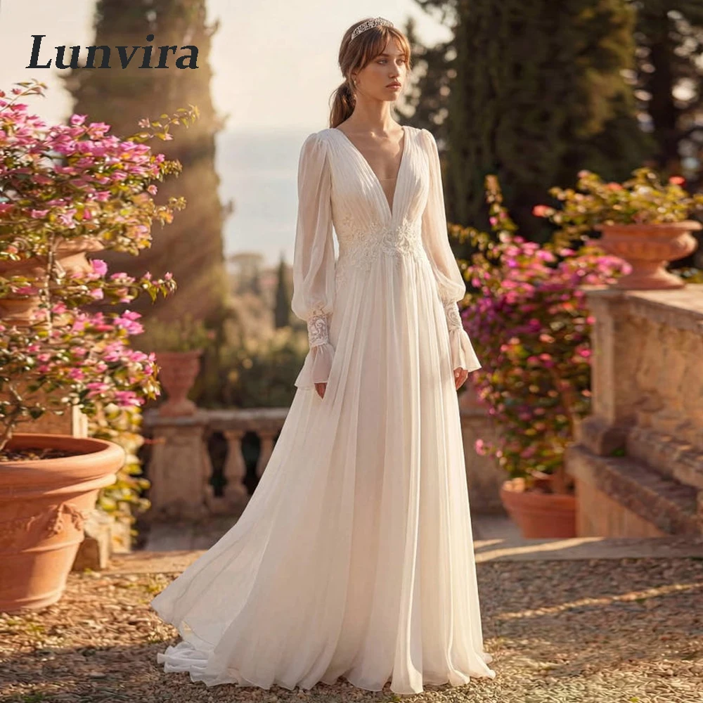Lunvira Stylish Pleat Wedding Dress V-neck Chiffon Lace Appliques Detachable Sleeves Button Vestido De Casamento Customized