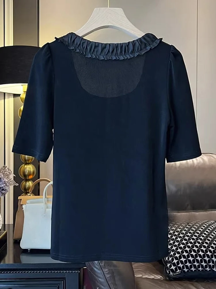 เสื้อยืดคอเหลี่ยมสไตล์เรโทรฮ่องกง แฟชั่นผู้หญิง ทรงเข้ารูป ใส่ได้หลายโอกาส เสื้อยืดพื้นฐานสำหรับฤดูร้อน