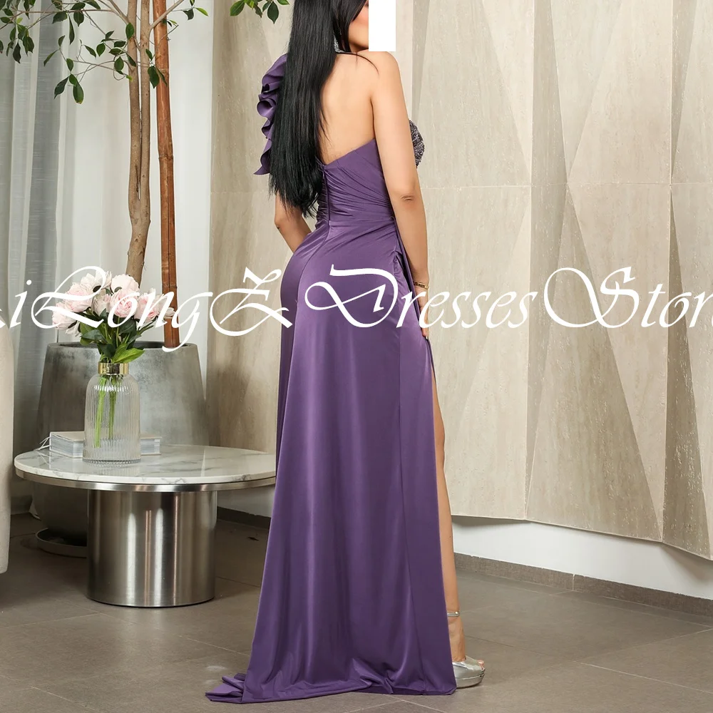 Saudi Arabia Long Beaded Evening Gowns Straight Zipper Back Side Silt Sleeveless 3D-Flower Sweep Train Purple Quinceanera Dress