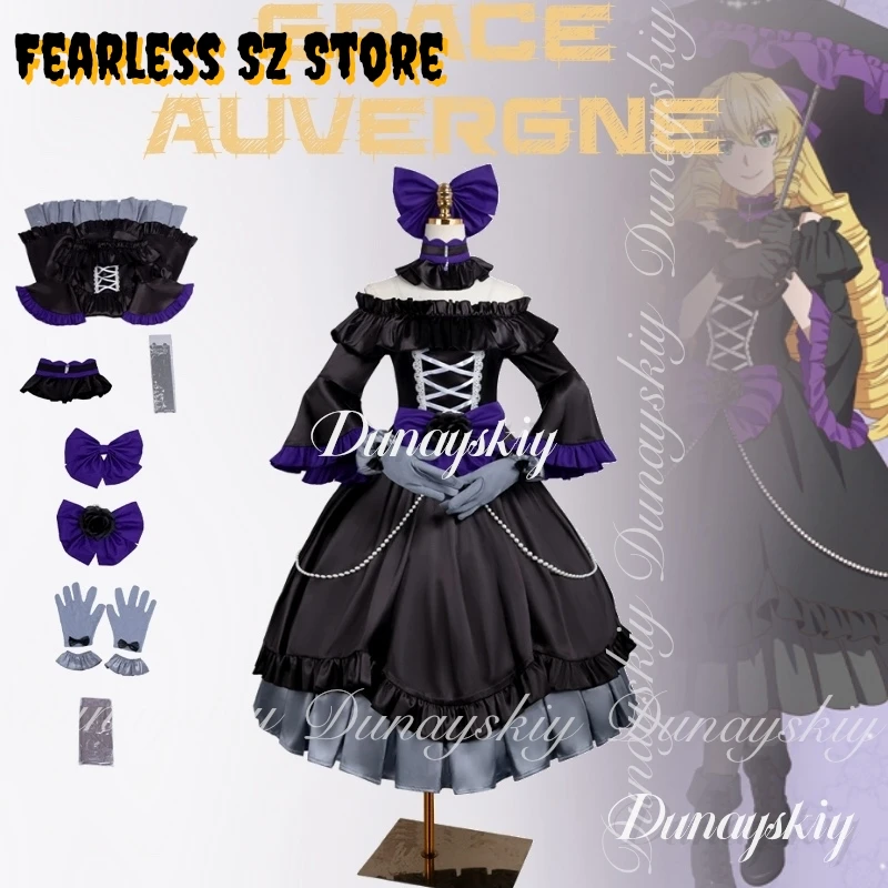 

From Bureaucrat to Villainess：Dad's Been Reincarnated! Anime Grace Auvergne With Black Lolita Dress Cosplay 코스프레 Full Of Suit