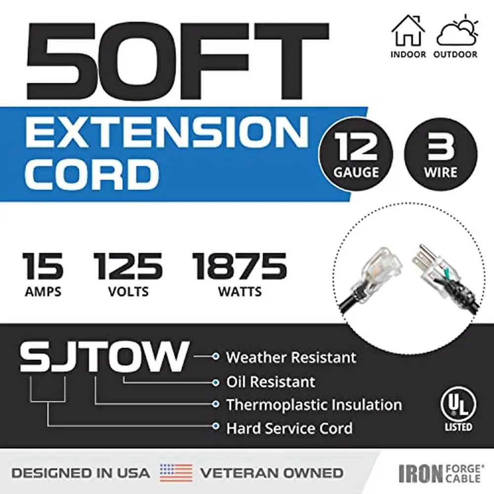 Heavy Duty 12 Gauge Extension Cord 50ft Outdoor Resistant SJTOW 12/3 Extension Cable 3 Prong 15 Amp Farms Workshops Appliances