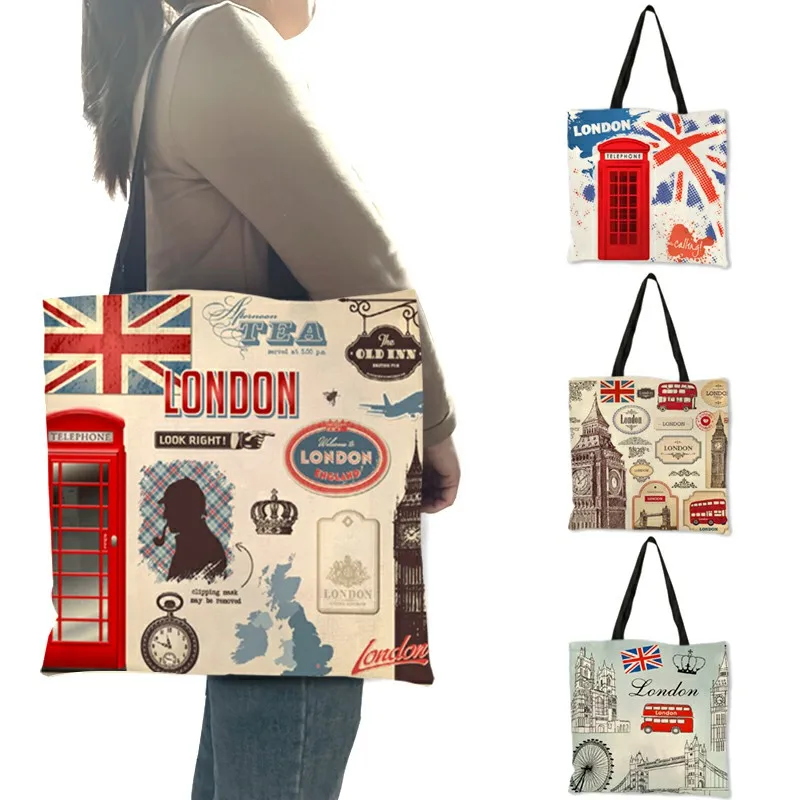 Large Capacity Reusable Folding Shopping Bag British Style London Landscape Pattern Print Women Handbag Shoulder Bags