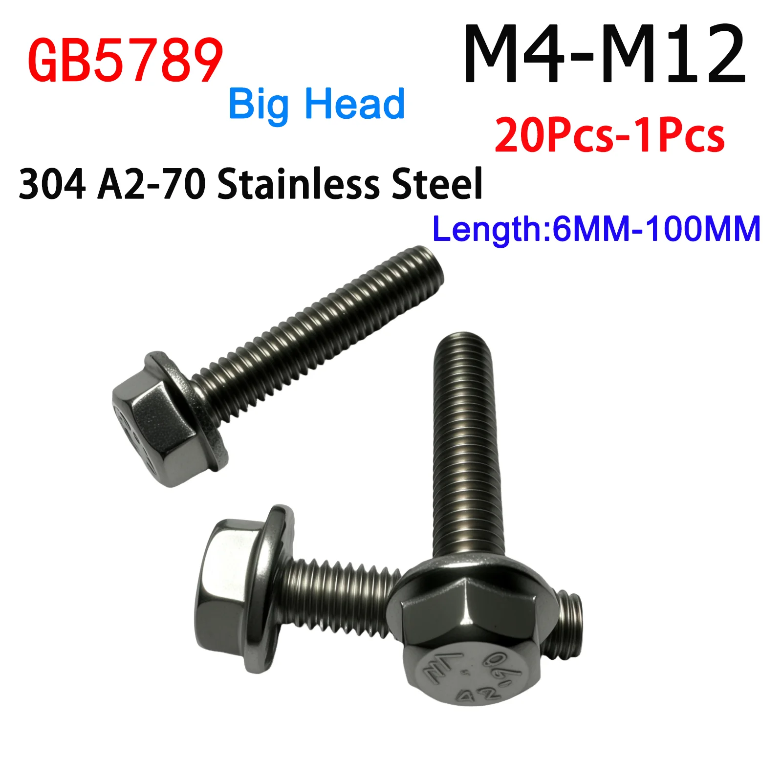 

1-20Pc M4 M5 M6 M8 M10 M12 304 Stainless Steel GB5789 Big Head Hexagon Head with Serrated Flange Cap Screw Hex Washer Head Bolt