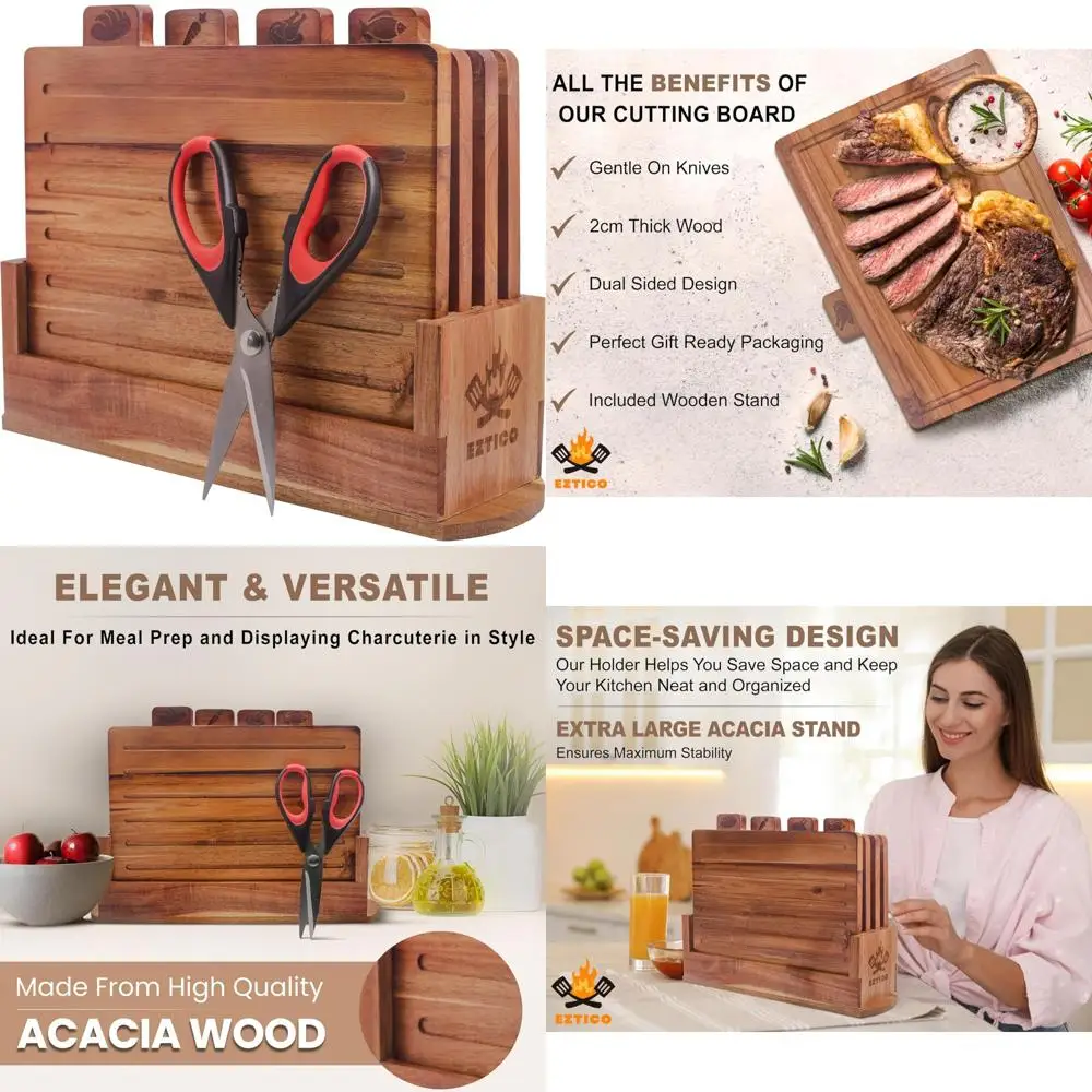 

Набор деревянных разделочных досок с ножницами и держателем — дерево акации премиум-класса для использования на кухне