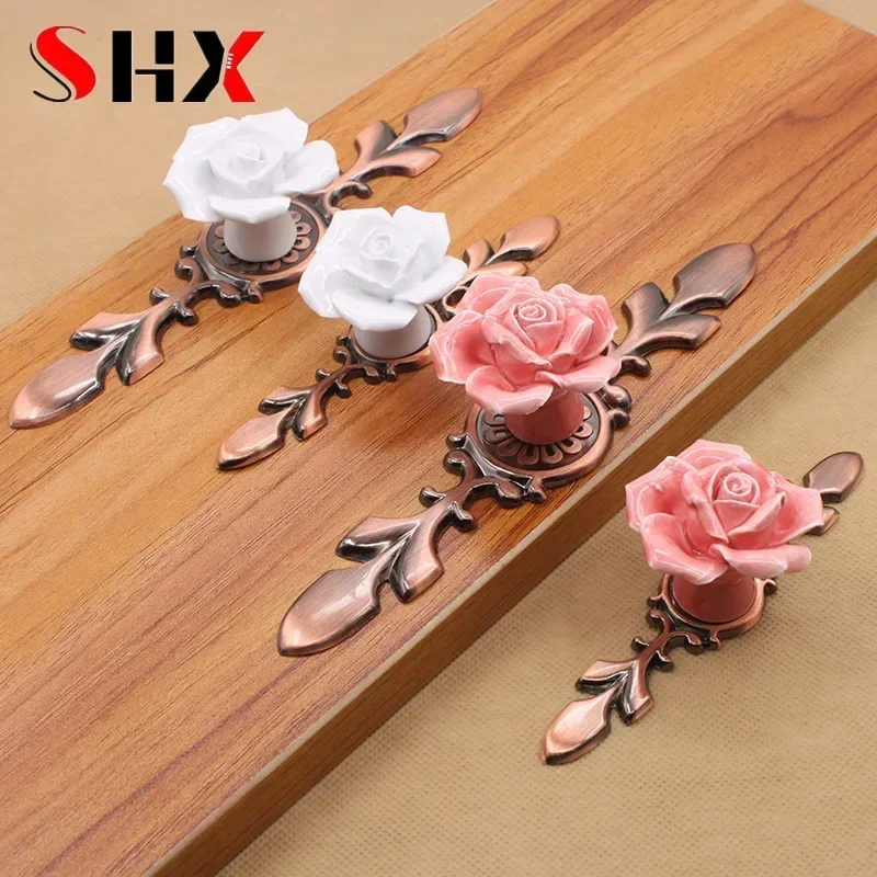 Vintage Furniture Handle Door Knobs Drawer Cupboard Kitchen Pull Handle Rose Flower Ceramic Cabinet Handles Retro Hardware