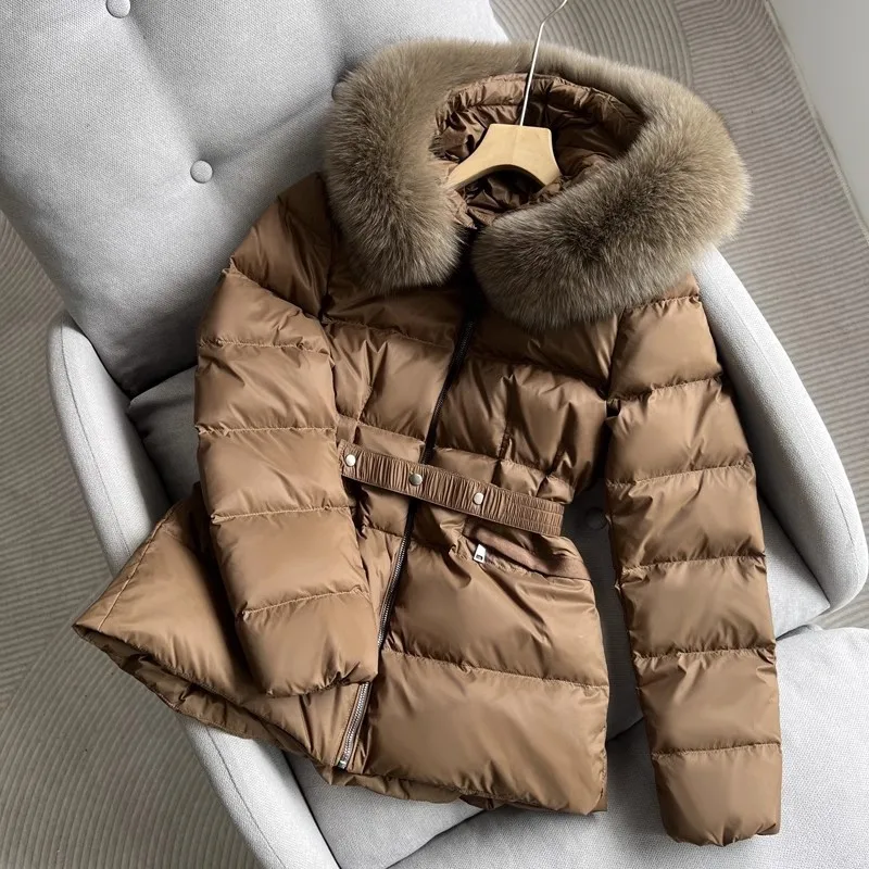 Hooded Large Fur Collar Short Down Jacket For Women With Belt 2023 Winter New European Style 90% White Duck Down Warm Outwear