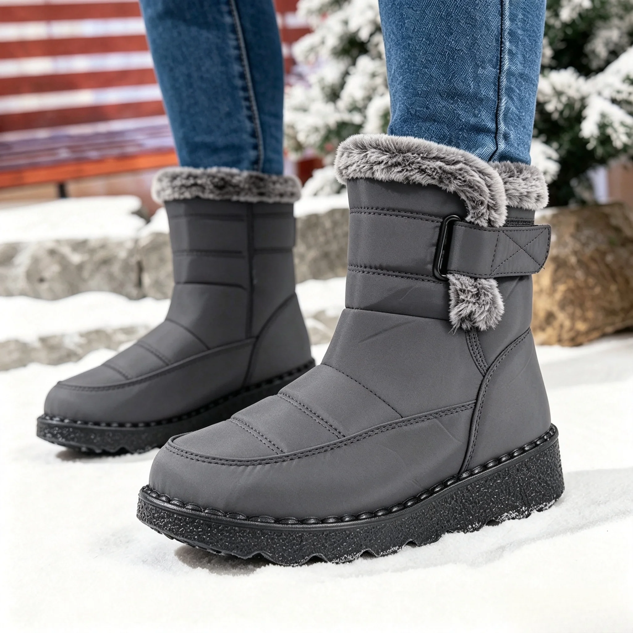 Damen Winter Pelzige Plateau-Schneestiefel 2026 Trend Wadenlange Winterstiefel Wasserdicht Rutschfest mit Schnalle Warm Flauschig Outdoor – Detail 16