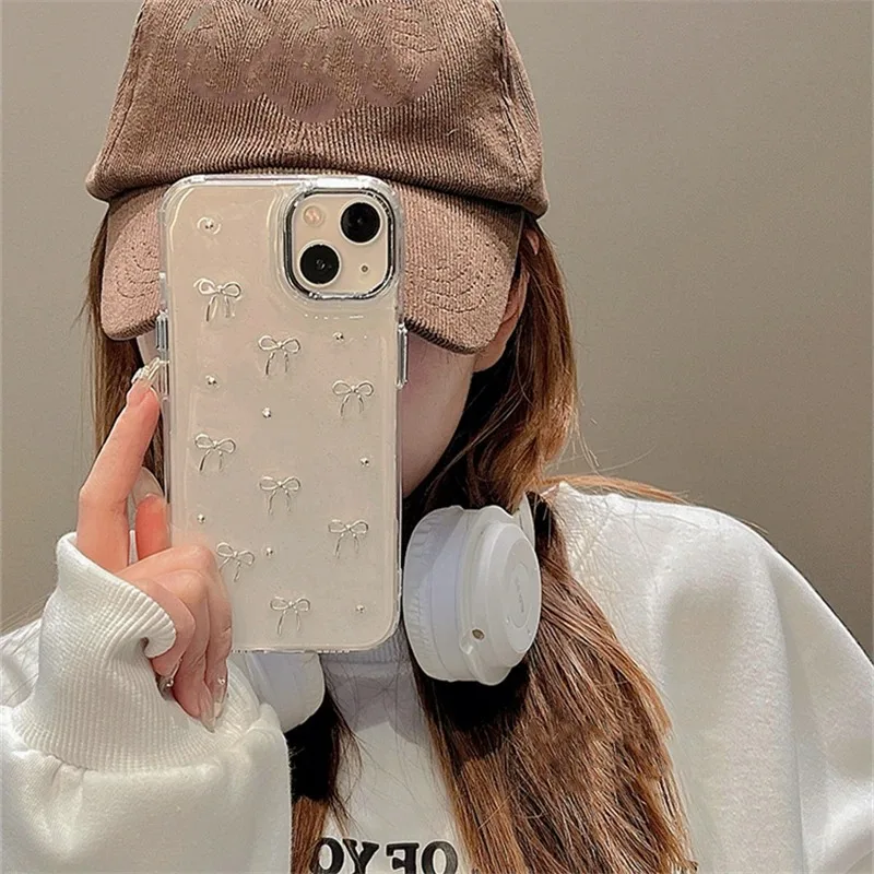 Y2K Korea Glitter 3D Silver Bowknot Etui na telefon do iPhone 16e 15 14 13 12 11 Pro Max 7 8 Plus X XS Epoxy Shell Girl Clear Cover