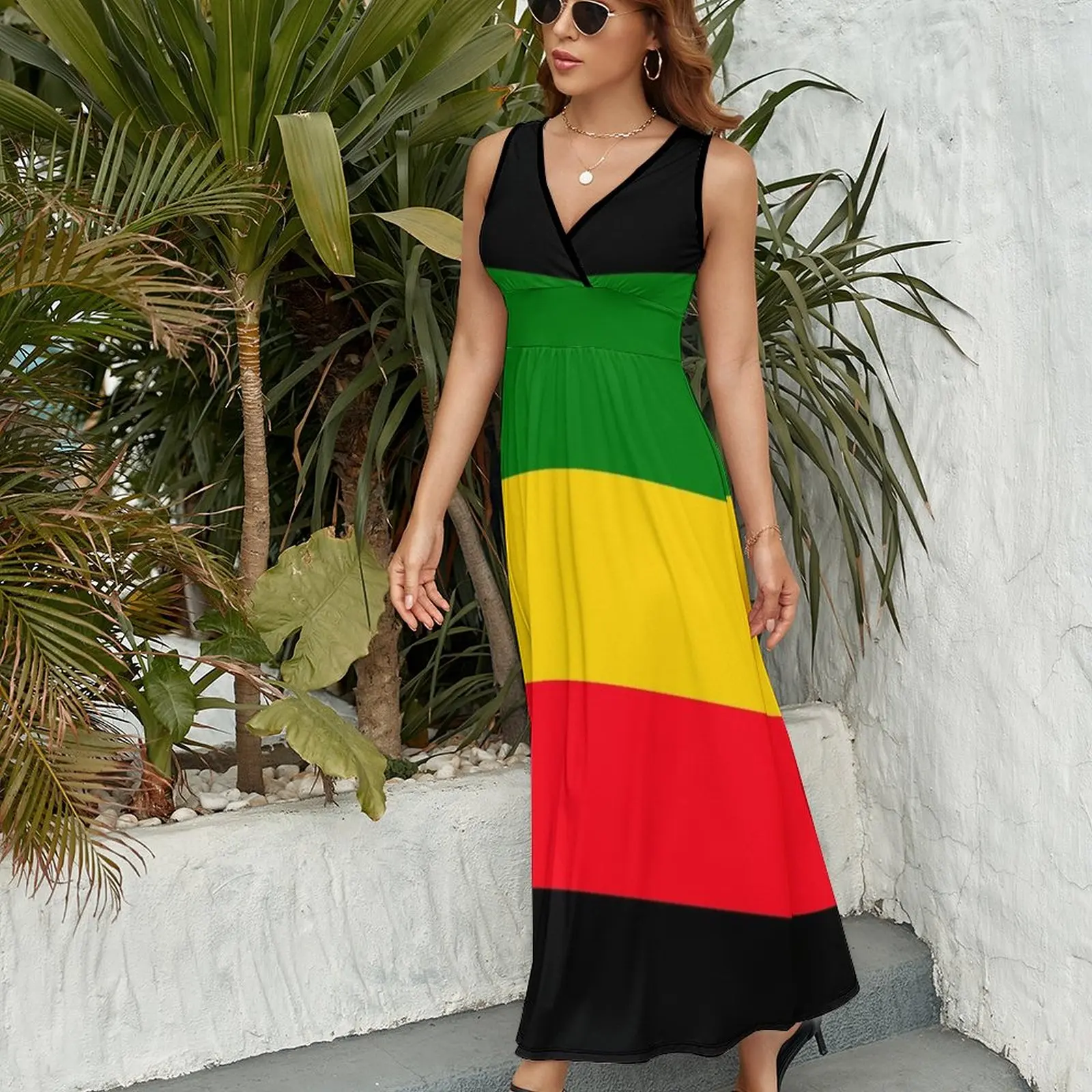 Green, Yellow and Red Rasta Flag Sleeveless Dress beach dresses Woman clothing