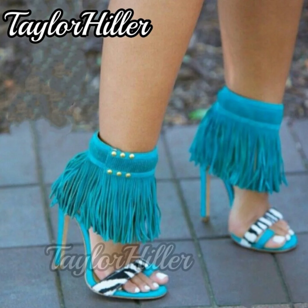 

Gladiator Heels Tassel Heeled Sandals Roman High Heels Blue Women Luxury Designer Shoes Chic Summer Stiletto Sandalias Big Size