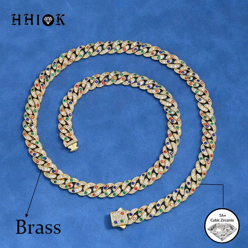10MM Iced Out Colorful Cubic Zirconia Cuban Link Chain Brass 18K Gold Plated Hip Hop Necklace & Bracelet Rapper Bling Jewelry