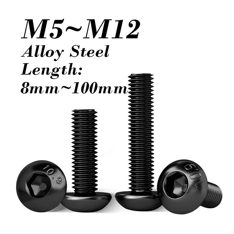 1~10Pcs Round Black 10.9 Grade Allen Button Head Screw M5 M6 M8 M10 M12 Round Pan Head Hex Socket Screws