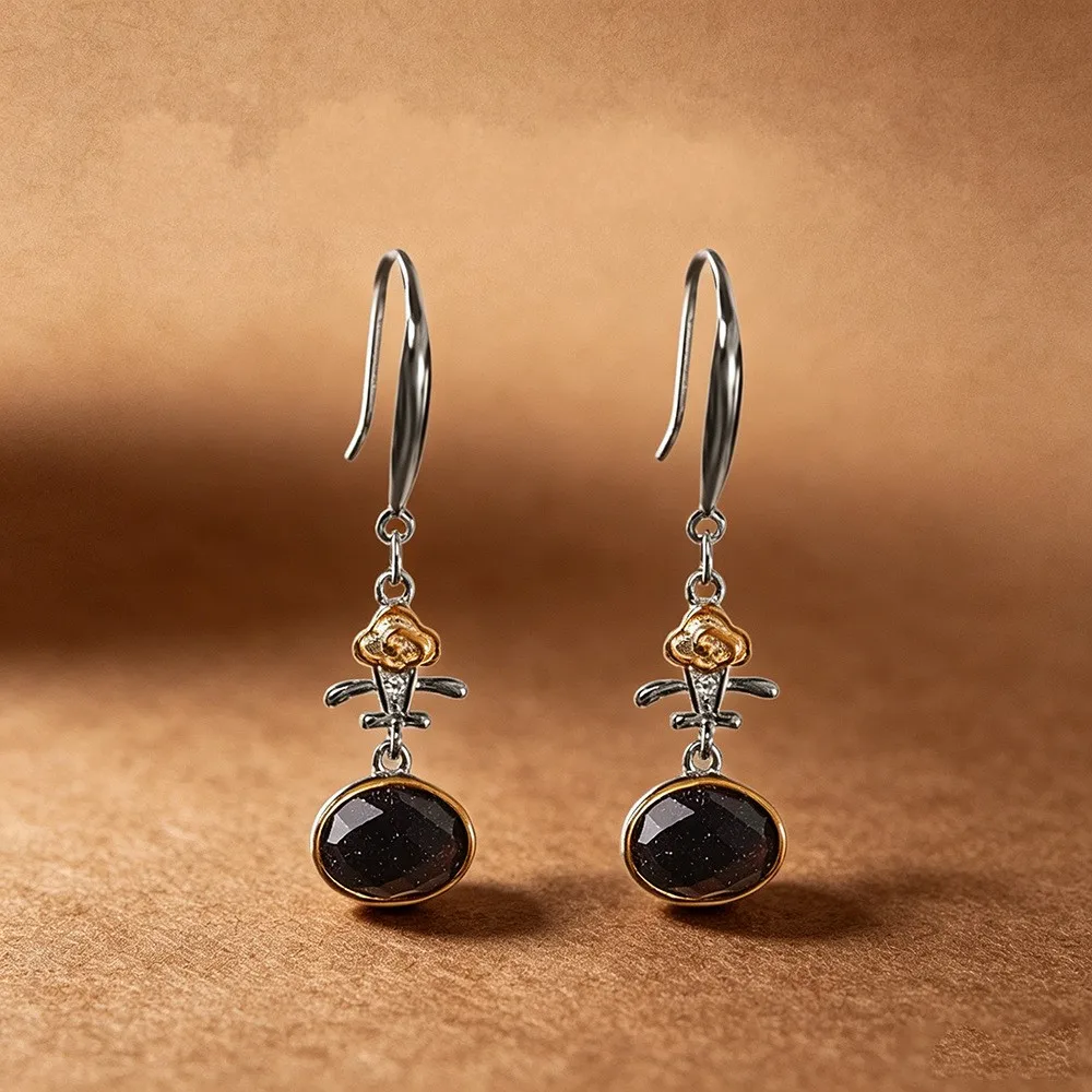 BOCAI S925 Silver Fashionable And Luxurious Cut Blue Sandstone Auspicious Cloud Pattern Pipa Earrings Women's Selected Gift