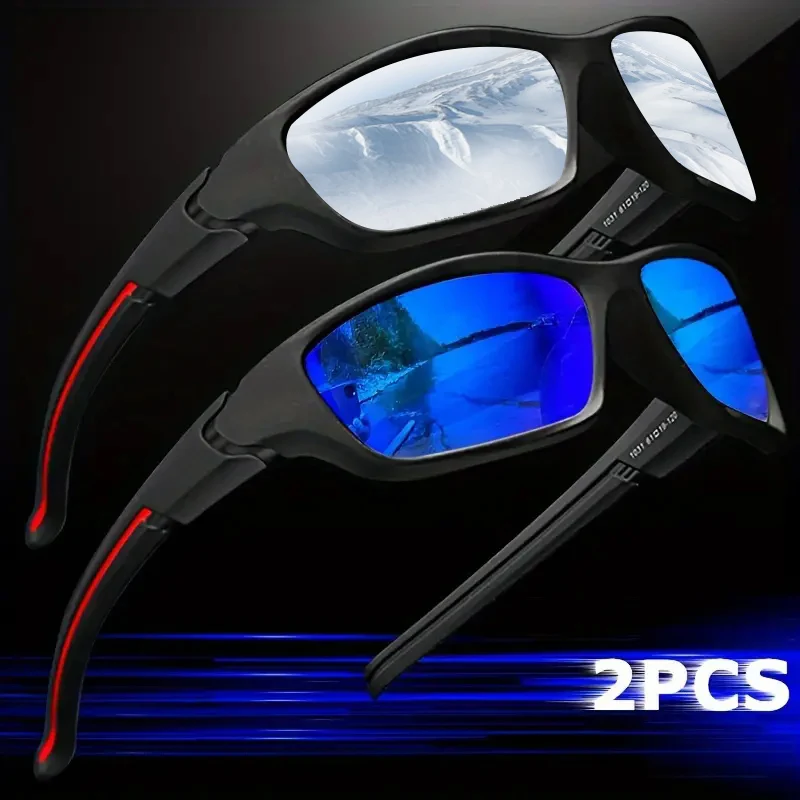 2PCS Men’s & Women’s Sports Sunglasses – Black Frame with Red Accents, Night Vision & Driving Lens Set, Reflective Racing Style