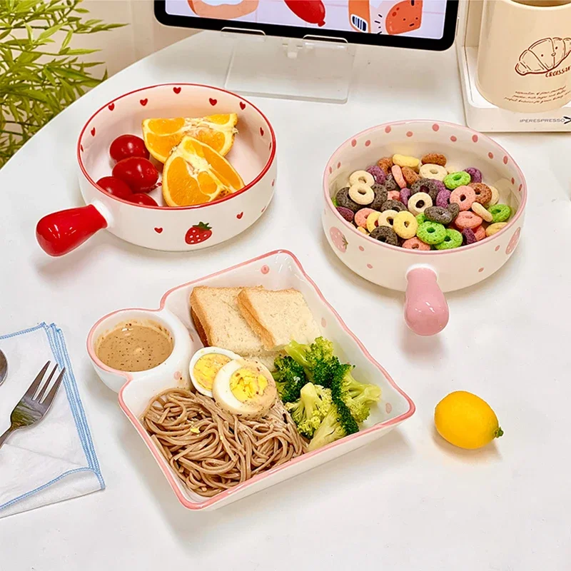 Cute Strawberry Peach Bowl Plate Kitchen Bowl with Handle Tableware Gift for Kids Girl Women Ceramic Fruit  Salad Noodle Ramen