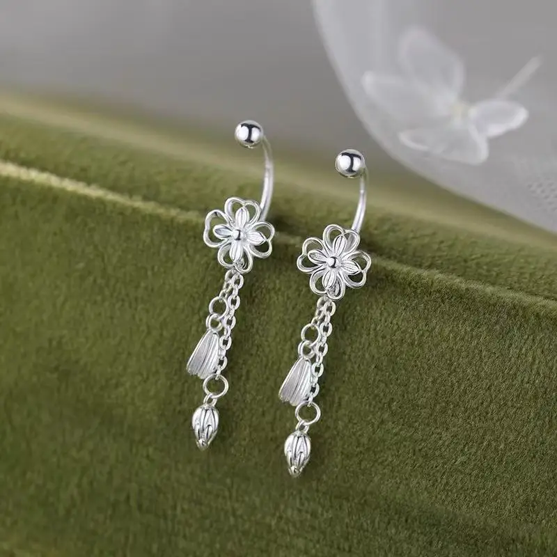 Real 925 Sterling Silver Flower Lotus Tassel Bead Screw Stud Earrings For Women Cute Fine Jewelry Small Niche Plant Accessories