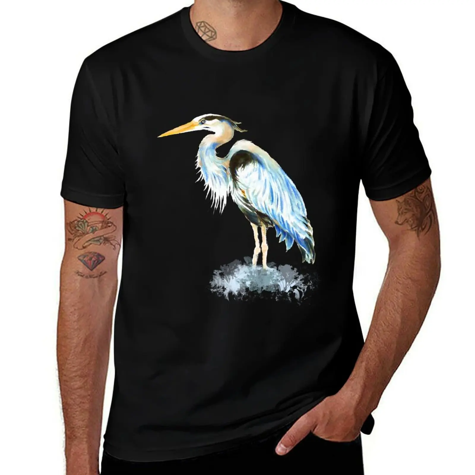 Great Blue Heron Watercolor Bird Art T-Shirt Work Outdoor T-Shirt for Men