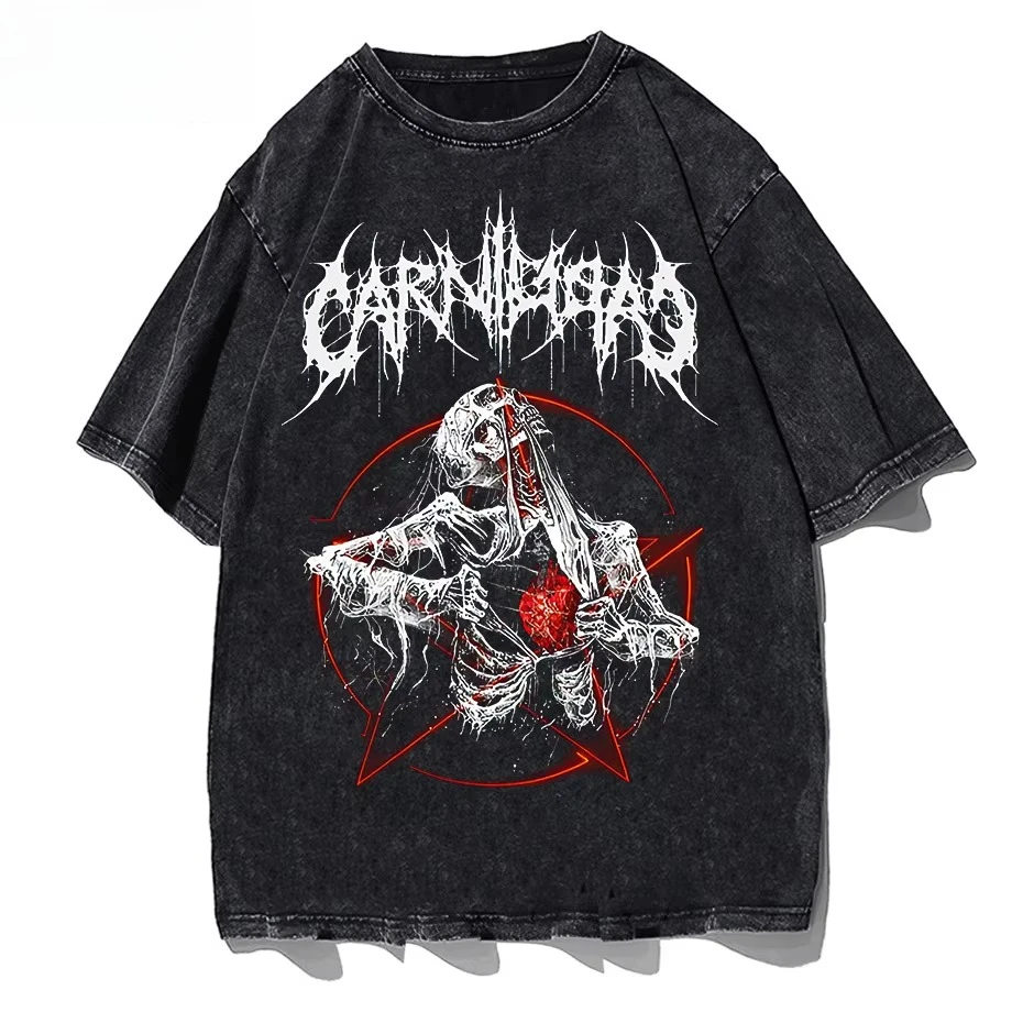Women Y2K Harajuku Retro Korean Washed Cotton T‑shirt Female Black Demon Print Short Sleeve Summer Streetwear Casual Tops