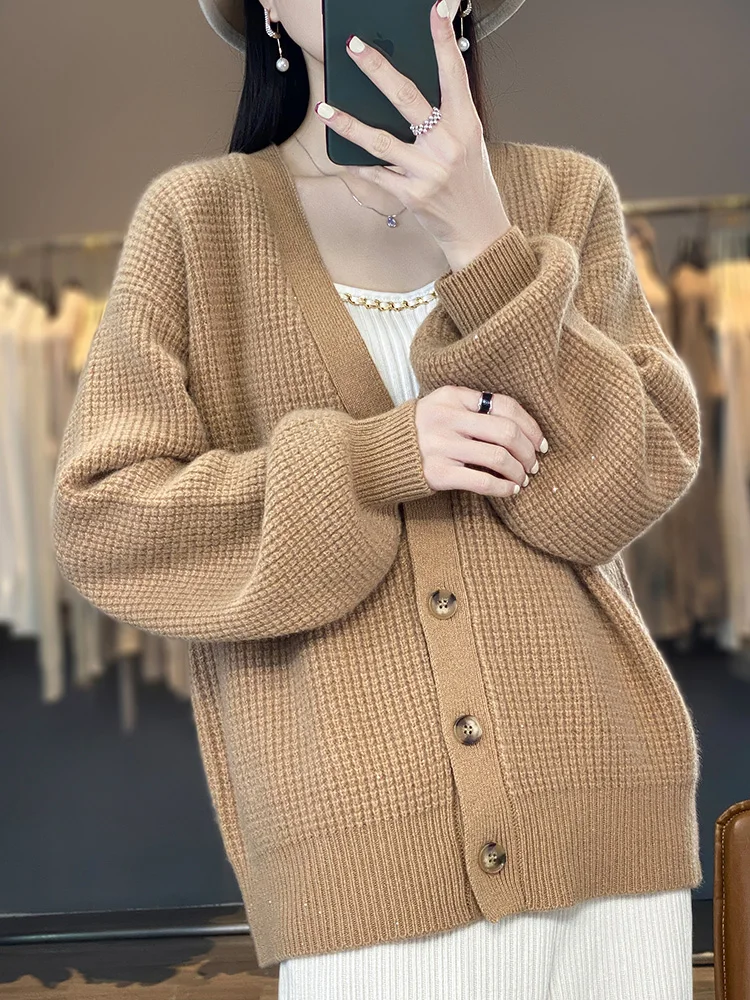 Large Size Fall Winter 100% Merino Wool Cardigan V-Neck Sweater Long Sleeve Knitted Outerwear Fashion Trend Women Clothes Casual