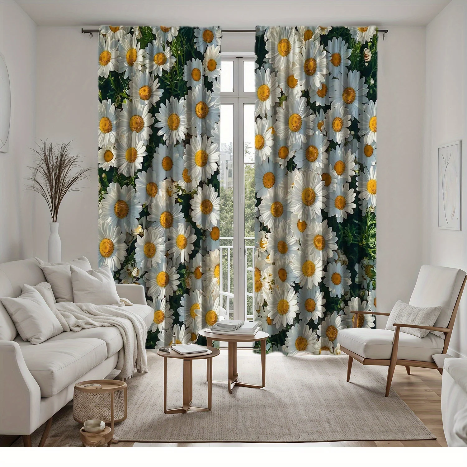 2D Flat, 35x90in, 2pcs Floral Print Curtains - White Daisies with Yellow Centers on Green Background, Perfect for Living Room