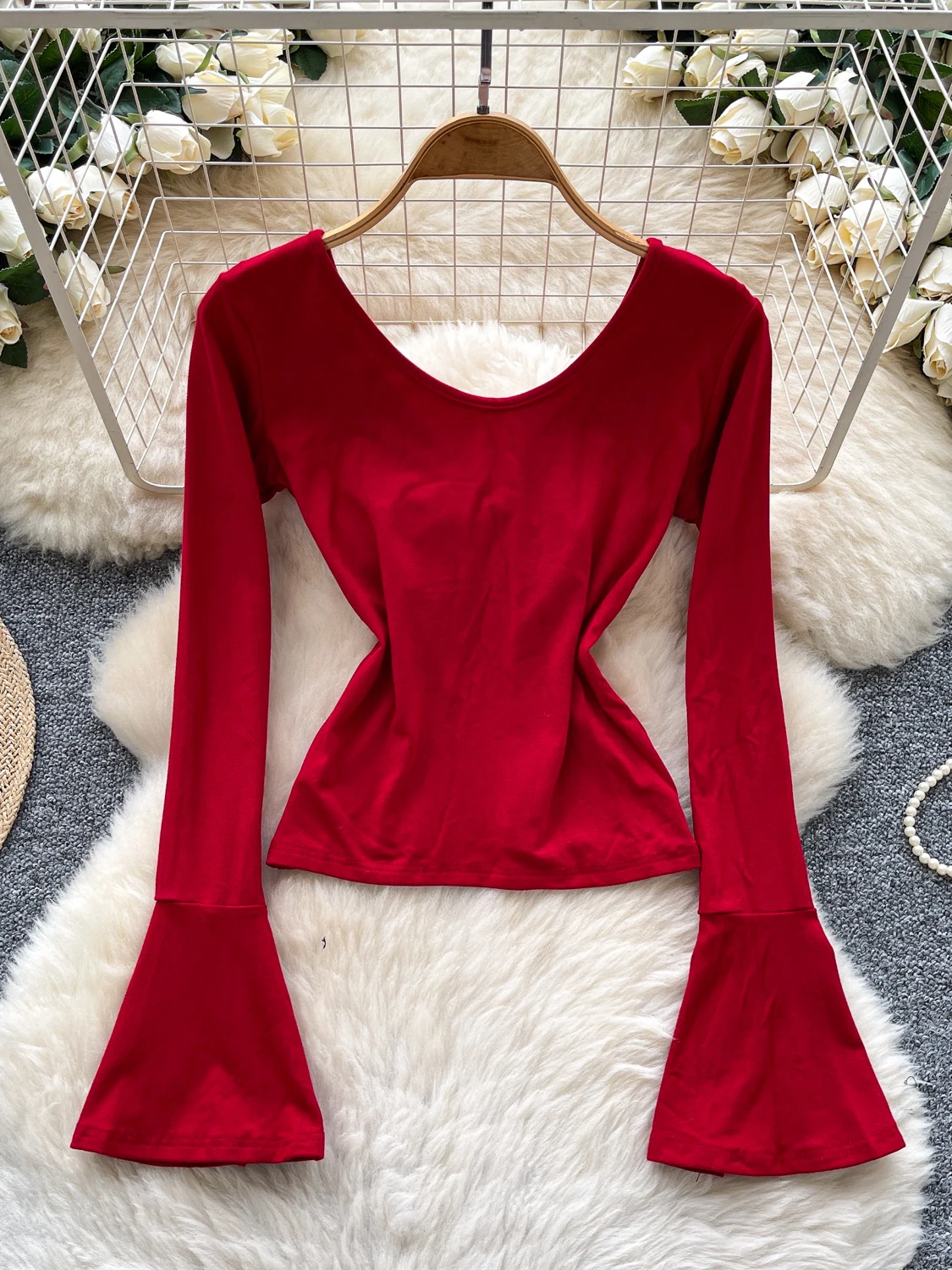 

Slim Fit Bell Sve T-irt Women's Base Layer V-Ne Long Sve Pure Color Design Spring Autumn Seasonal Faion Sle