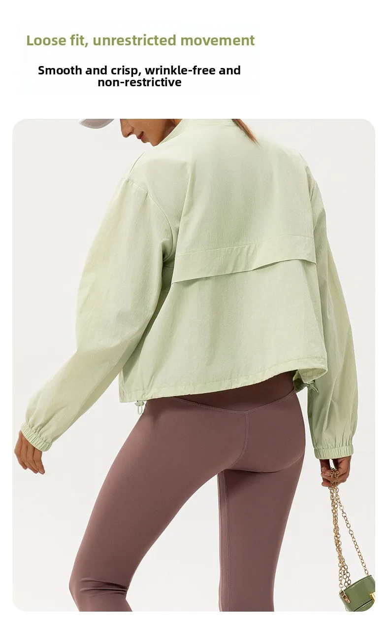 Outdoor-Sport-Windjacke für Damen, locker geschnittener, lässiger Yoga-Anzug mit Reißverschluss, Stehkragen, Laufjacke, Fitness-Windjacke, winddicht – Detail 7