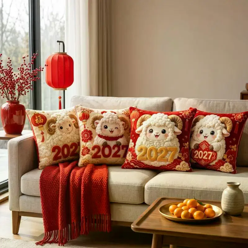 2027 Lunar New Year Sheep Mascot Cushion Cover Soft Durable Year of Goat Pillow Case for Sofa Home Party Decor Supplies