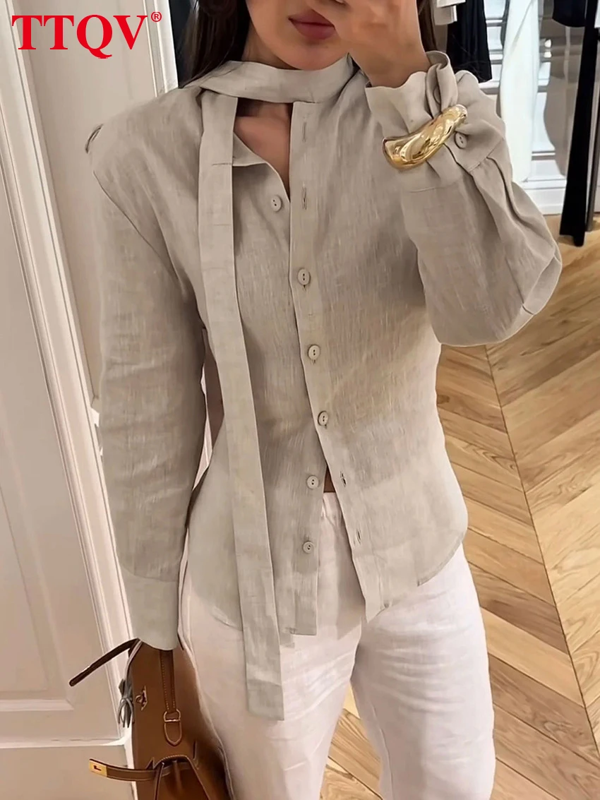 

TTQV Fashion Loose Khaki Cotton Women Shirt 2026 Casual Lapel Long Sleeve Blouse Elegant Classic Lace-Up Top Female Clothing